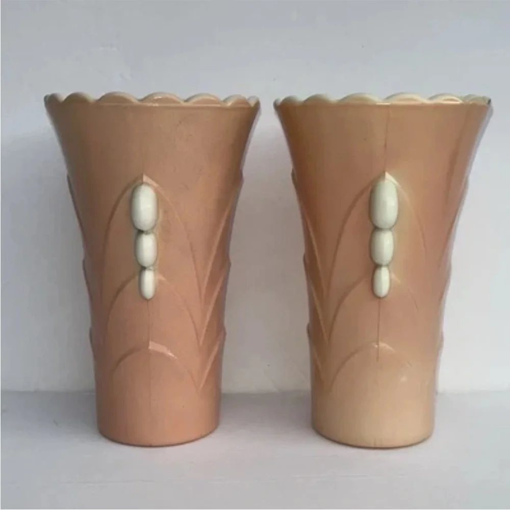 Vintage Anchor Hocking Fired On Pink Vitrock Scalloped Art Deco Style Vases